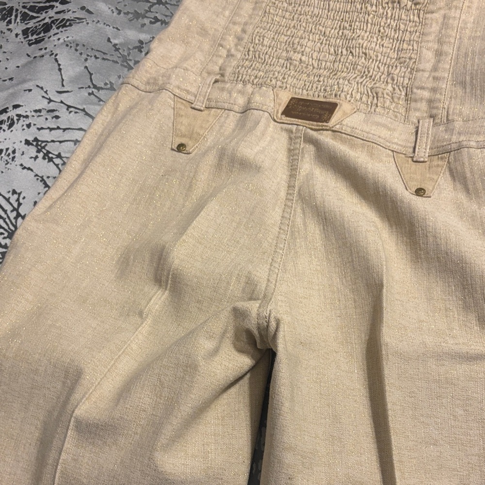 Beige Wide-Leg Denim Overalls - Picture 5 of 7